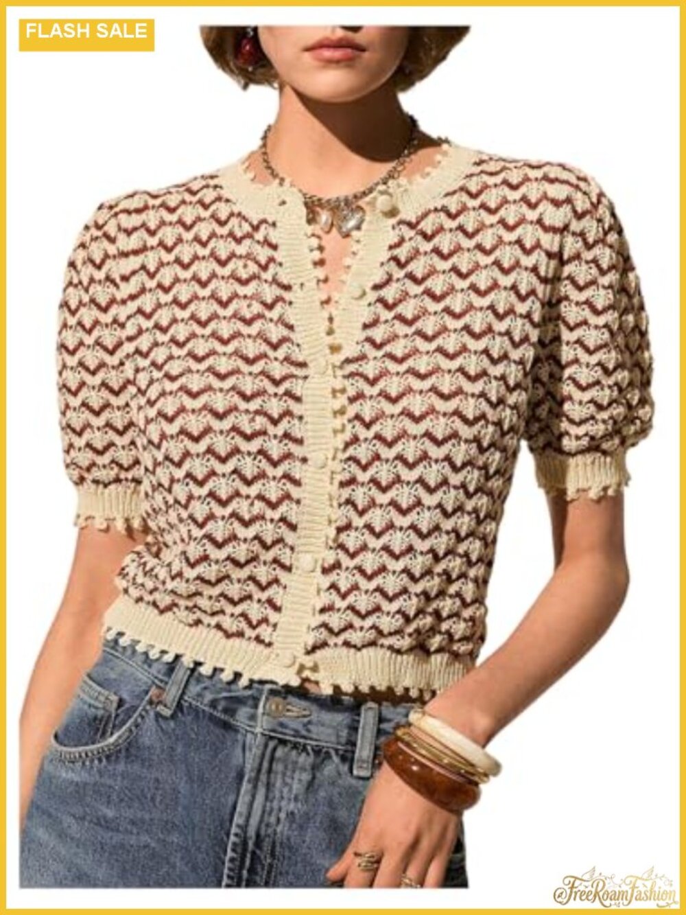 Women's Striped Short Sleeve Cardigan Crochet Sweater Lightweight